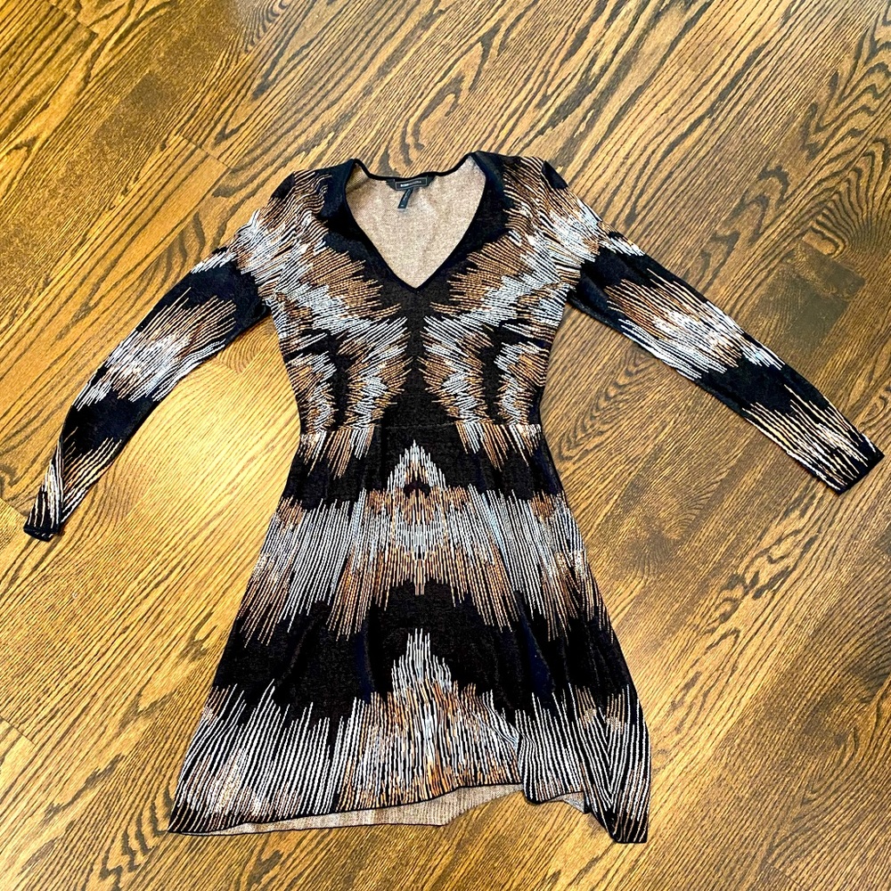 Bcbg Maxazria Long Sleeve Black, Copper, and White Circular Ray Dress